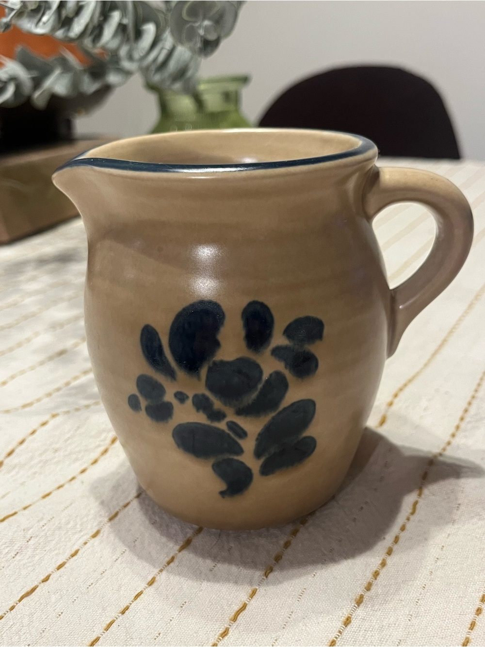 Vintage Pfaltzgraff Beige Ceramic Pitcher with Blue Floral Motif